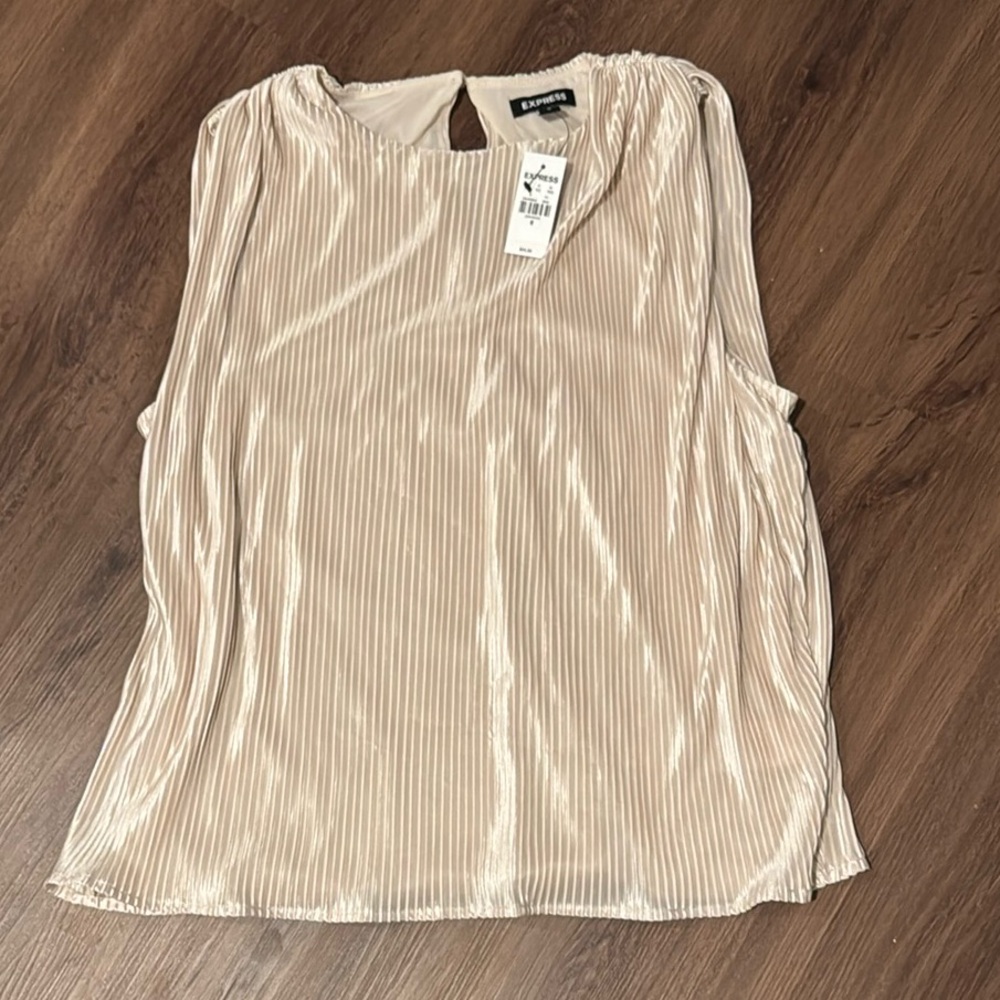 Express metallic crew neck pleated ruched sleeveless blouse top